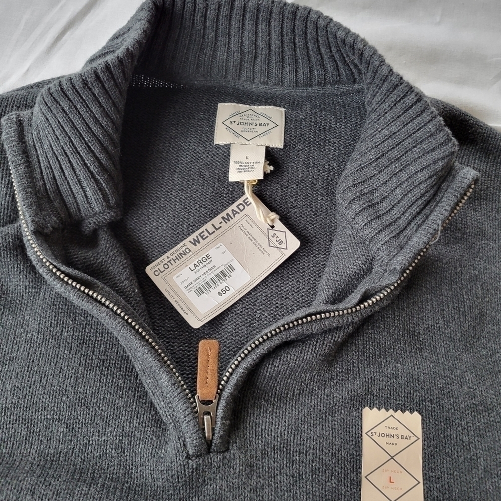 St. Johns Bay NWT Men's grey knit legacy zip neck pullover 1/2 zip sweater L - Picture 3 of 7